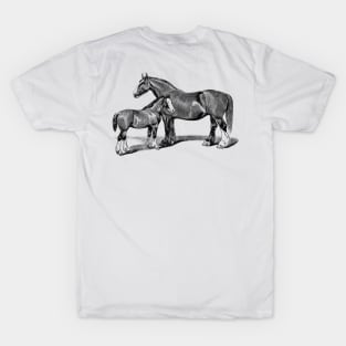 Shire Mare and Foal Black and White Horse Illustration T-Shirt